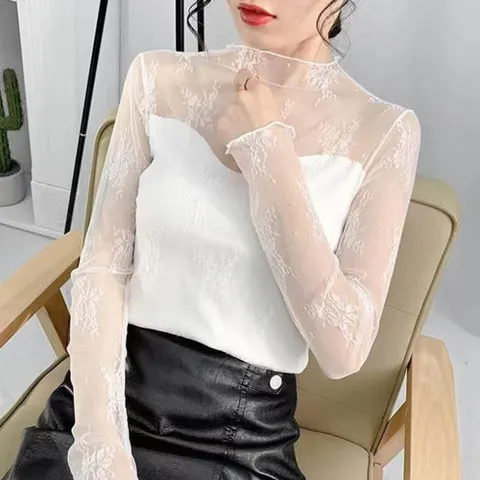 여성 목폴라 망사 레이스 레이어트 티셔츠 블라우스 망사티셔츠 망사블라우스 이너티 망사티
