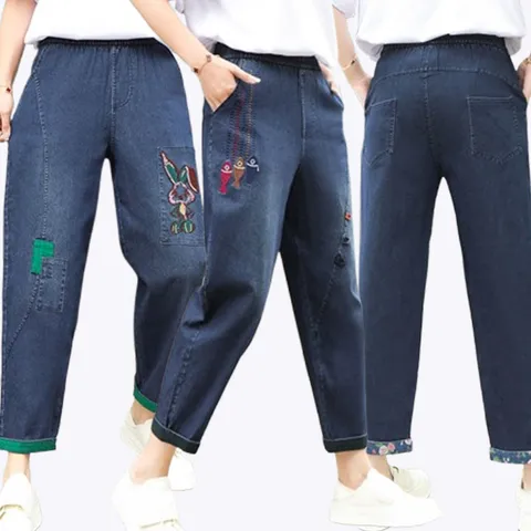 [4컬러] 여성 간절기 자수 데님진 배기핏 밴딩 청바지