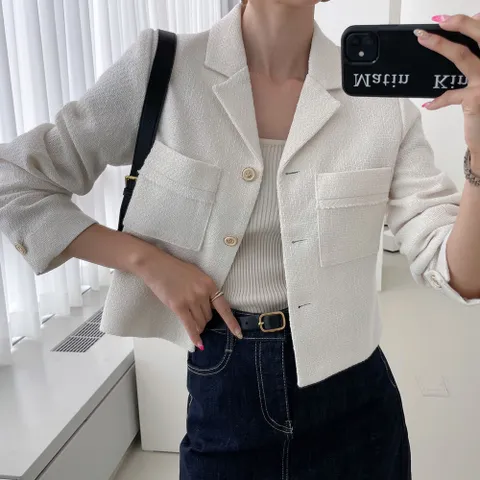 여자 봄 가을 겨울 트위드 무지 카라 숏 자켓 핏이 예쁜 재킷 간절기 아우터 모임룩 하객룩 오피스룩 결혼식 상견례