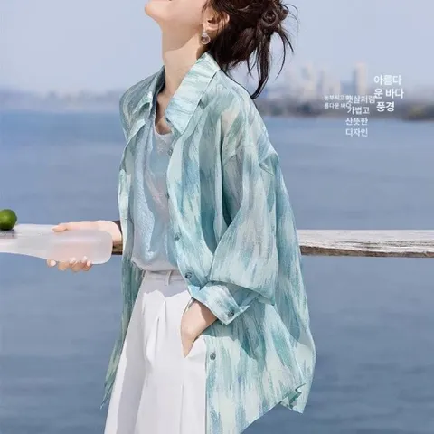 [브리치] 제로투올샵 / 여성용 그라데이션 프린트 셔츠 여성 캐주얼 여름 의류 파랑색