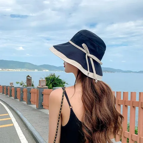 여성 여름모자 여행 비치모자 바캉스 리본배색 버킷햇 여자모자 여름모자 비치모자