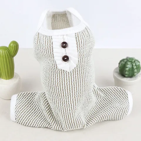 강아지 스트라이프 투버튼 올인원 베이지 1P 여름 반려견민소매올인원 반려견올인원