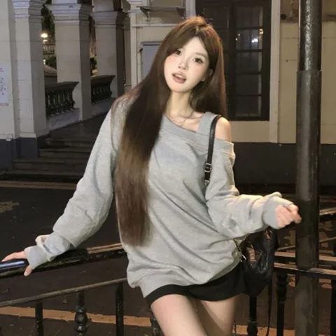 여리여리 여성 긴팔 오프숄더 맨투맨 언발 한쪽 루즈핏 어깨트임
