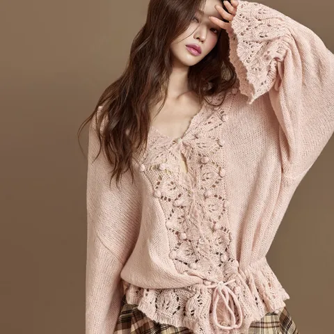 J2875 펀칭 니트 가디건/라이트핑크