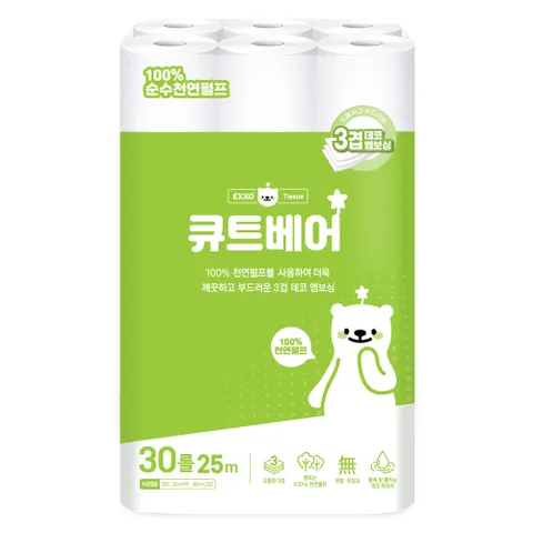큐트베어 3겹천연펄프 화장지 휴지 25M 30롤 1팩