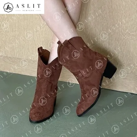 뾰족 코 스웨이드 통굽 웨스턴 앵클 부츠