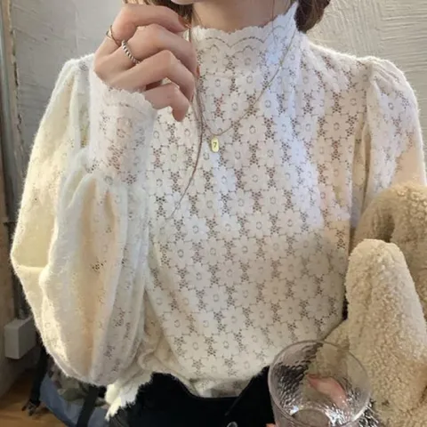 티셔츠 망사 2컬러 화이트 이너 레이스 시스루 하이넥  시스루  레이스  블라우스  망사