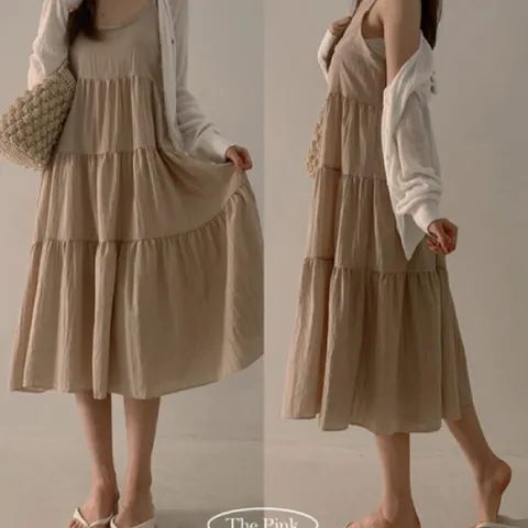 [브리치]  / 사샤 A라인 피그먼트 캉캉 플레어 끈 나시 롱 원피스