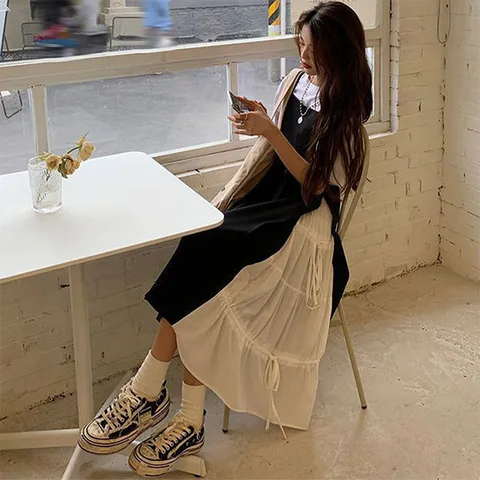 [유어하젤] 사테 레이어드 뷔스티에 원피스 세트_M0699