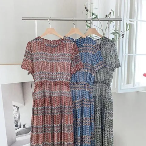 여성 키치룩 패턴 반소매 벨티드 롱 원피스 (38031066)