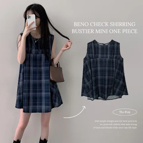 [브리치]  / 베노 체크 셔링 뷔스티에 나시 미니 원피스