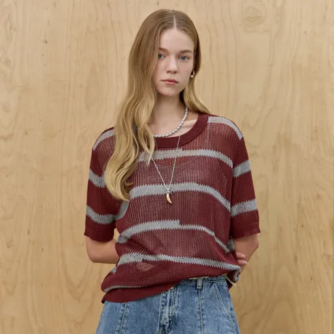 시스루 네트 스트라이프 라운드넥 반팔 니트