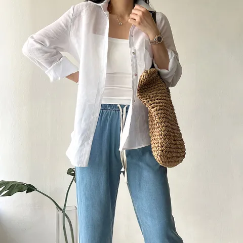 네모엔룩 플렉스린넨 여름 린넨100% 셔츠 카라 브이넥 마 남방 긴소매 블라우스