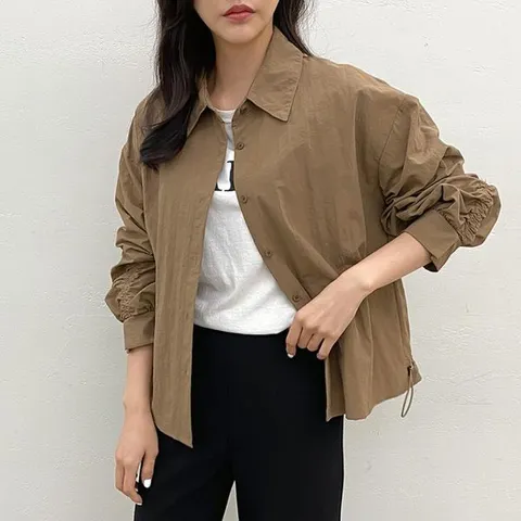 [하프클럽/여성 쭈리 스트링 가을 나일론 숏 셔츠 트렌치코트