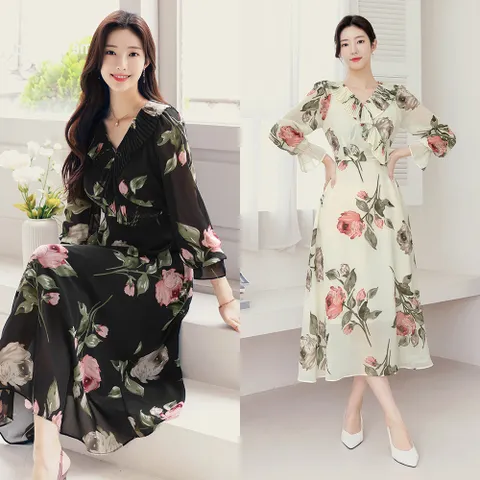아피나 플리츠 러플 카라 플로랄 쉬폰 원피스
