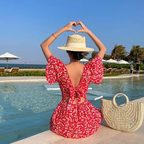 [하프클럽] 벚꽃 백리본 원피스 OP19665F 반팔 프릴 플라워 롱 휴양지원피스 여름 바캉스 체형커버 비치