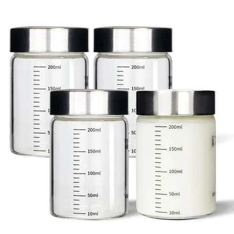 미르 내열유리 눈금유리병 200ml 4P 스무디 주스 메저링 유리병