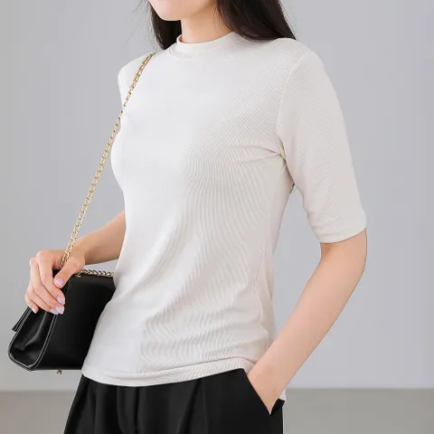 여자 여름 베이직 반하이넥 슬림 코트 티셔츠_3