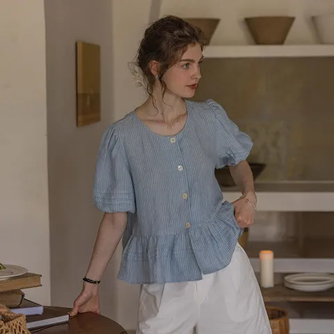 DA_Ruffled sleeve cropped blouse_BLUE