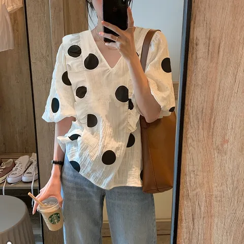 [하프클럽/디애이치]텔루 도트 V넥 슬리브 셔츠