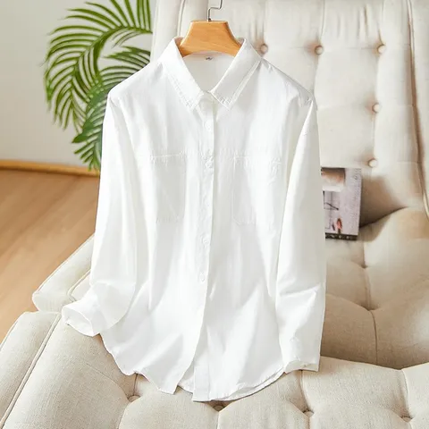 [브리치] 제로투올샵 / 여성용 긴팔 순면 화이트 셔츠 기본 데일리 화이트