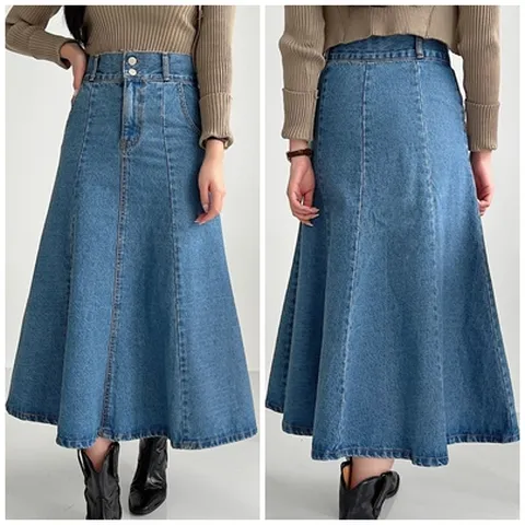 여성 투버튼 절개 플레어 데님 롱 스커트 a라인 훌 청치마