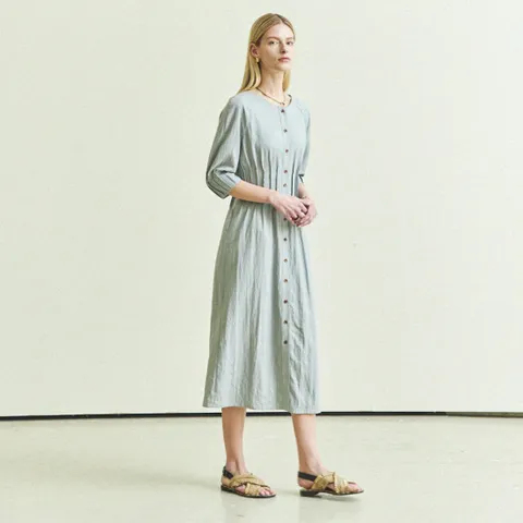 WAIST & SLEEVE  PINTUCK DRESS_GRAY BLUE