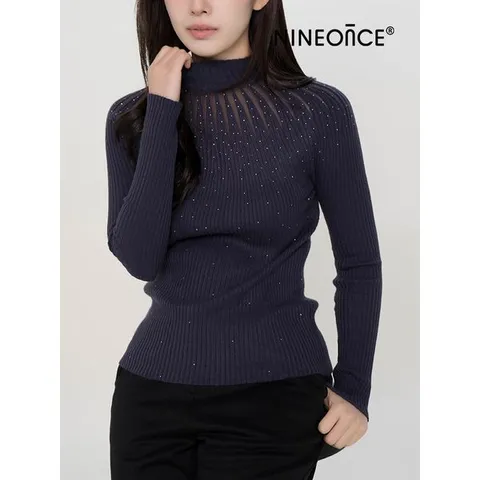 [하프클럽/나인온스]시스루 큐빅 니트티 넥망사비즈KT