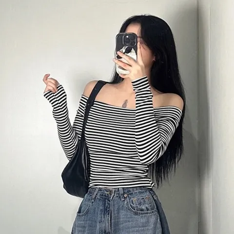 여성 오프숄더 티 단가라 티셔츠 스트라이프 2color
