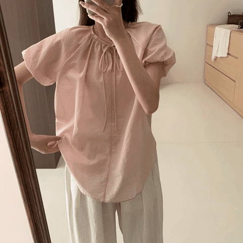 [하프클럽] 꿀단 하객룩 여름 반팔블라우스 퍼프 시스루 오버핏 링클프리 빅사이즈 벌룬 핑크 루즈핏 라운드 블