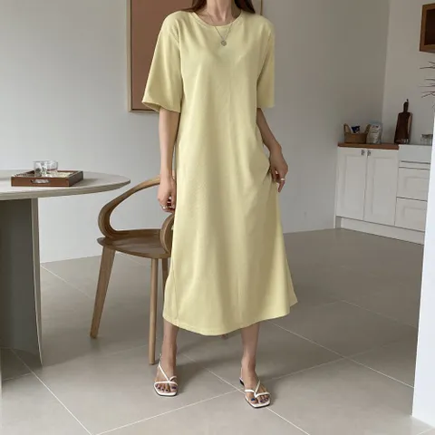 [브리치] 리엘라 / 베프라 라운드넥 와플패턴 반팔 롱원피스