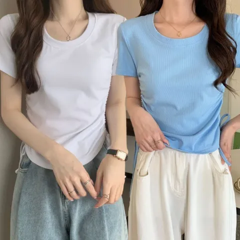 발레코어 여자 라운드 셔링 크롭 반팔 티셔츠 리본티 여름티셔츠 흰티셔츠 U넥반팔 여성반팔면티