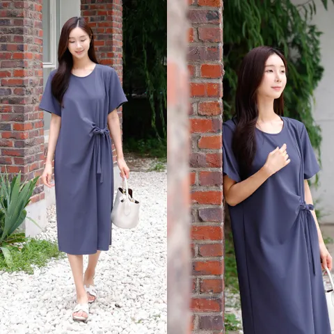 여성 여름 셔링 리본 스판 빅사이즈 반팔 원피스 40-50대 미시 중년여성 엄마옷