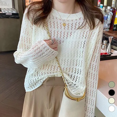 [옷자락] 여자 라운드넥 루즈핏 여름 긴팔 그물 니트