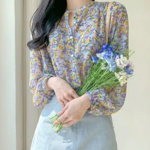 여자 여름 플라워 쉬폰 벌룬 아방 블라우스