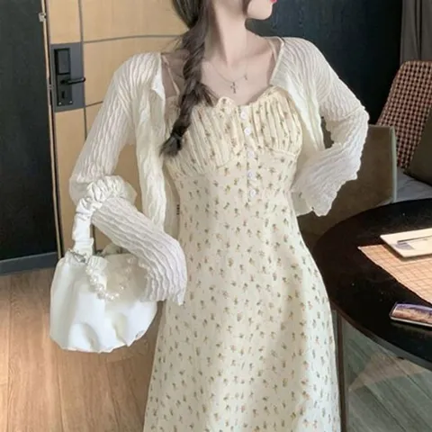[하프클럽/끌레아]은창]플라워 버튼 가디건 세트 여름 원피스 세트구성 여름 치마 면혼방 봄 원피스 슬림핏 퍼