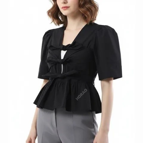 MUST IT_미니멀 캐주얼 26SS Black Stretch Cotton Tie Strap Blouse (W0378 099) (블랙 스트레치 코튼 타이스트랩 블라우스)