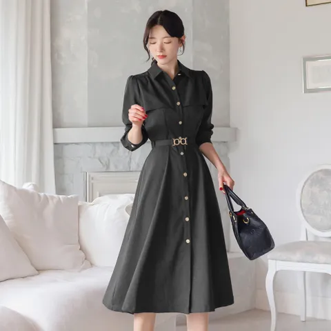 (~XXL까지) 더로엘 윙플랩 카라 벨트 플레어 원피스 봄,가을 셔츠원피스 하객룩 오피스룩 격식룩 데이트룩