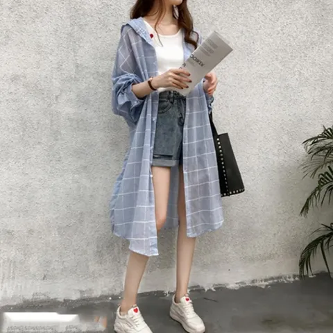 여자 여름외투 살랑 얇은 체크 후드 셔츠