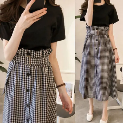 여름 블랙 반팔 체크 데일리 여자 스커트 투피스 세트 쉬폰원피스 여성원피스 여자투피스세트