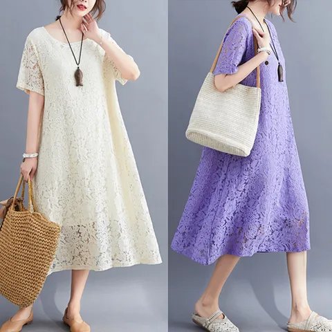 B-230820 - 레이스 롱 원피스/빅사이즈/루즈핏/여름/간절기/엄마옷/데일리