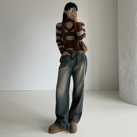 여자 피셔니트 크롭 브이넥 머플러 티셔츠