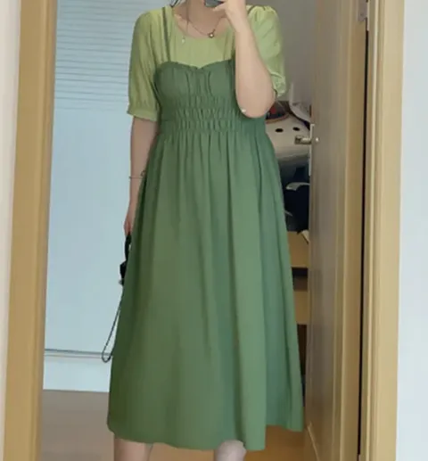 [빅사이즈]뷔스튀에 배색 반팔 여름원피스