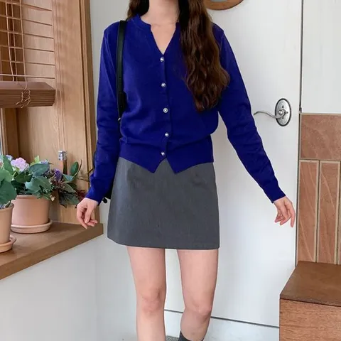 [하프클럽] 브이넥가디건 여자 클래식 슬림핏 봄니트 코발트블루