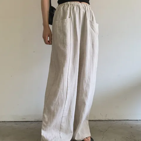 H스타일(DK)린넨100와이드통바지 여름 여성 린넨 마 밴딩팬츠 슬랙스 와이드팬츠 통바지