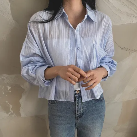[신상오픈런] 시스루 긴팔셔츠 시어서커 스트라이프 줄남방 크롭핏