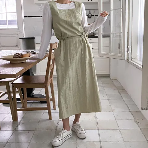 [다잇템] 여자 스퀘어넥 슬리브리스 드로우코드 롱원피스