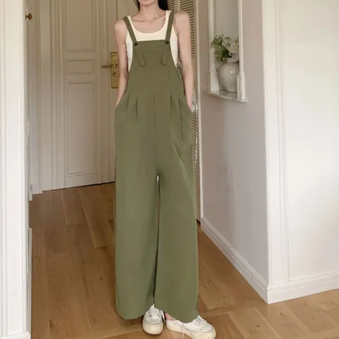 여자 트렌디 스타일 더블 핀턱 와이드핏 멜빵 바지 점푸수트 여자오버롤 여름오버롤