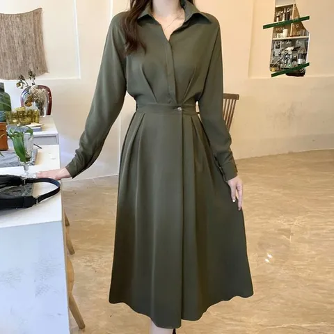 [하프클럽] 로망스 9월 10월 결혼식 하객룩 셔츠 가을 카라 플레어 롱 원피스