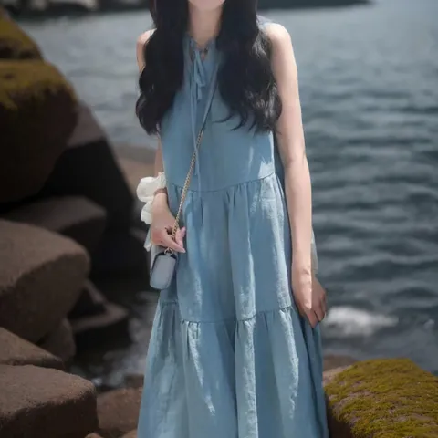 [디작소]여성 데님 스타일 리본 청스타일의 롱원피스